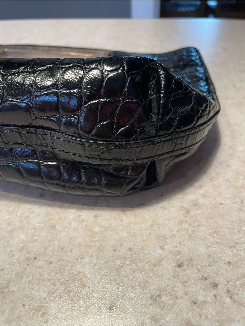BRIGHTON Vintage Large Leather Clutch Purse Croc Embossed Metal Frame Handle